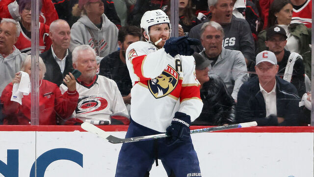 RALEIGH, NORTH CAROLINA - MAY 28: Matthew Tkachuk #19 of the Florida Panthers celebrates after scoring a goal against the Carolina Hurricanes during the second period in Game Five of the Eastern Conference Final of the 2025 Stanley Cup Playoffs at Lenovo Center on May 28, 2025 in Raleigh, North Carolina.