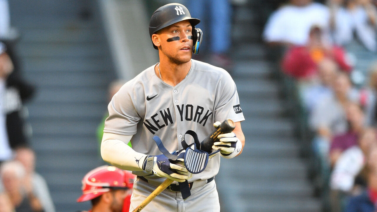 ANAHEIM, CA - MAY 28: New York Yankees designated hitter Aaron Judge (99) is intentional walked during the MLB game between the New York Yankees and the Los Angeles Angels on May 28, 2025 at Angel Stadium in Anaheim, CA.