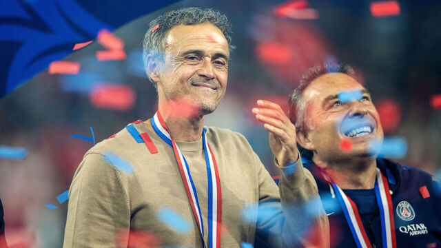 PARIS, FRANCE - May 24: Luis Enrique, head coach of Paris Saint-Germain, takes a moment to take it all in as the blue and red confetti falls on the team celebrating their cup victory and leaving the team on the cusp of an historic treble when they compete in the Champions League Final next weekend during the Paris Saint-Germain V Stade de Reims, Coupe de France Final at the Stade de France on May 24th 2025 in Paris, France
