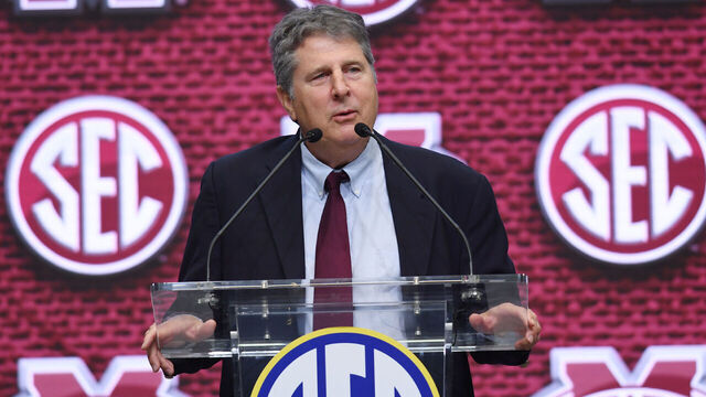 ATLANTA, GA - JULY 19: Mississippi State Bulldogs Head Coach Mike Leach addresses the media during the SEC Football Kickoff Media Days on July 19, 2022, at the College Football Hall of Fame in Atlanta, GA.