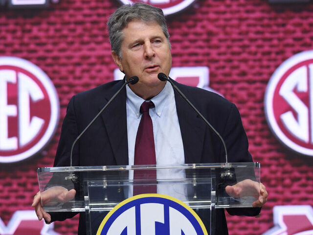 ATLANTA, GA - JULY 19: Mississippi State Bulldogs Head Coach Mike Leach addresses the media during the SEC Football Kickoff Media Days on July 19, 2022, at the College Football Hall of Fame in Atlanta, GA.
