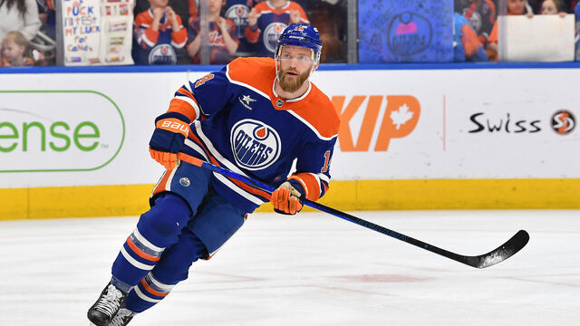 EDMONTON, CANADA - APRIL 11: Mattias Ekholm #14 of the Edmonton Oilers warms up prior to the game against the San Jose Sharks at Rogers Place on April 11, 2025, in Edmonton, Alberta, Canada.