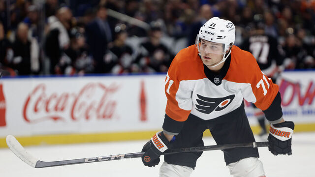 BUFFALO, NEW YORK - APRIL 17: Tyson Foerster #71 of the Philadelphia Flyers looks on against the Buffalo Sabres during the first period at KeyBank Center on April 17, 2025 in Buffalo, New York.