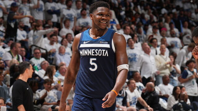 MINNEAPOLIS, MN - MAY 24: Anthony Edwards #5 of the Minnesota Timberwolves smiles during the game against the Oklahoma City Thunder during Game 3 of the 2025 NBA Western Conference Finals on May 24, 2025 at Target Center in Minneapolis, Minnesota. Mandatory Copyright Notice: Copyright 2025 NBAE
