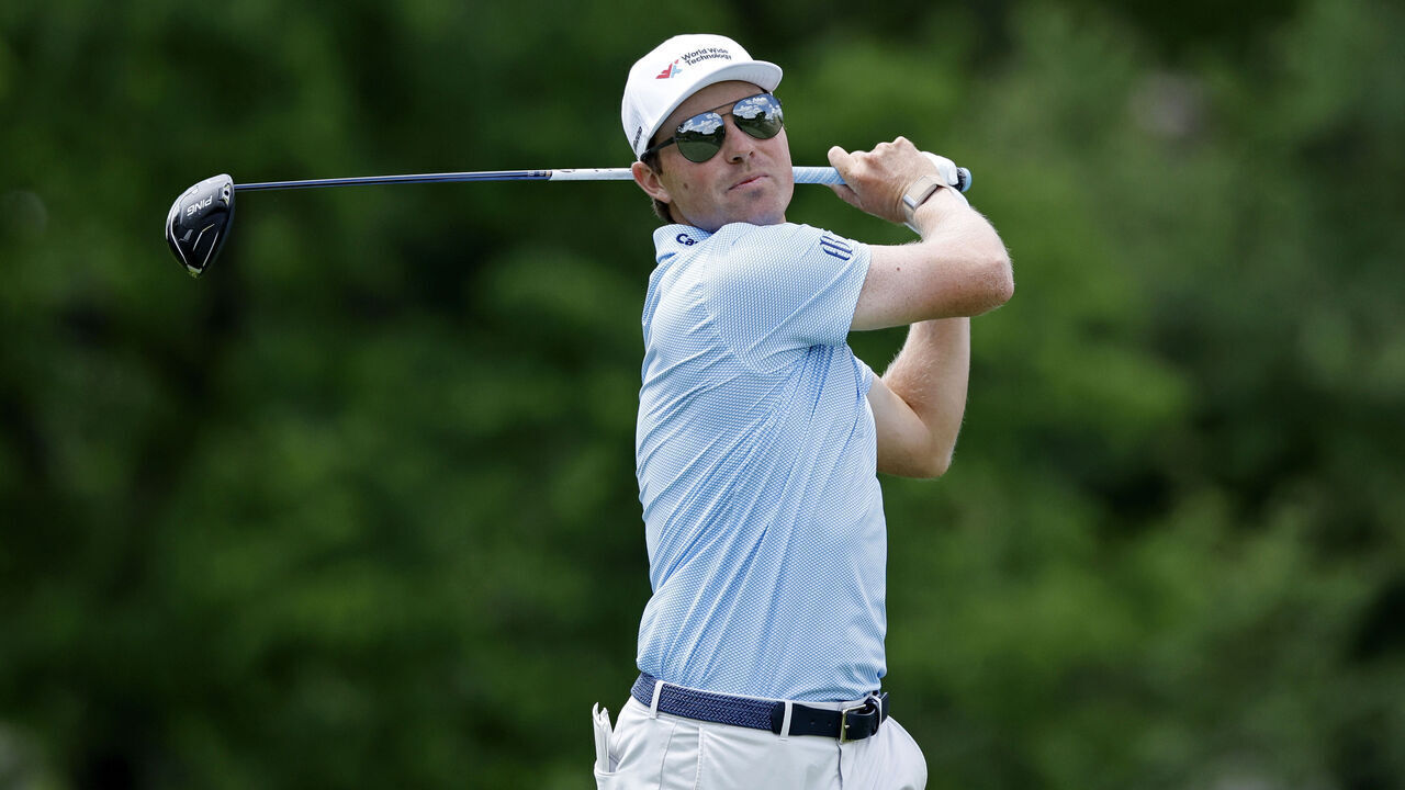 DUBLIN, OH - MAY 29: Ben Griffin (USA) plays his tee shot at the 18th hole during the first round of the Memorial Tournament presented by Workday 2025 on May 29, 2025 at Muirfield Village Golf Club in Dublin, Ohio.