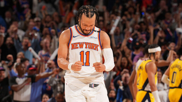 NEW YORK, NY - MAY 29: Jalen Brunson #11 of the New York Knicks celebrates during the game against the Indiana Pacers during Game 5 of the 2025 Eastern Conference Finals on May 29, 2025 at Madison Square Garden in New York City, New York. Mandatory Copyright Notice: Copyright 2025 NBAE