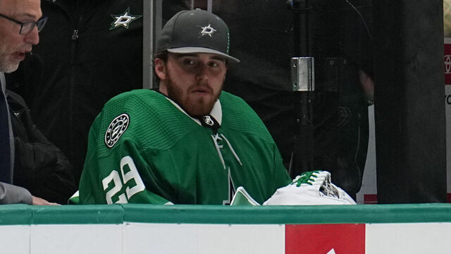 DALLAS, TX - MAY 23: Jake Oettinger #29 of the Dallas Stars watches the action from the bench after being pulled in the first period after giving up three goals against the Vegas Golden Knights in Game Three of the Conference Final of the 2023 Stanley Cup Playoffs at the American Airlines Center on May 23, 2023 in Dallas, Texas.