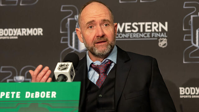 EDMONTON, CANADA - MAY 27: Head Coach Peter DeBoer of the Dallas Stars addresses the media after his team's loss to the Edmonton Oilers in Game Four of the Western Conference Finals of the 2025 Stanley Cup Playoffs at Rogers Place on May 27, 2025, in Edmonton, Alberta, Canada.