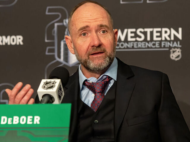 EDMONTON, CANADA - MAY 27: Head Coach Peter DeBoer of the Dallas Stars addresses the media after his team's loss to the Edmonton Oilers in Game Four of the Western Conference Finals of the 2025 Stanley Cup Playoffs at Rogers Place on May 27, 2025, in Edmonton, Alberta, Canada.