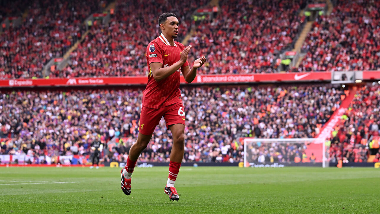 LIVERPOOL, ENGLAND - MAY 25: (THE SUN OUT. THE SUN ON SUNDAY OUT) Trent Alexander-Arnold of Liverpool acknowledges the fans during the Premier League match between Liverpool FC and Crystal Palace FC at Anfield on May 25, 2025 in Liverpool, England.