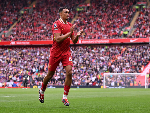 LIVERPOOL, ENGLAND - MAY 25: (THE SUN OUT. THE SUN ON SUNDAY OUT) Trent Alexander-Arnold of Liverpool acknowledges the fans during the Premier League match between Liverpool FC and Crystal Palace FC at Anfield on May 25, 2025 in Liverpool, England.