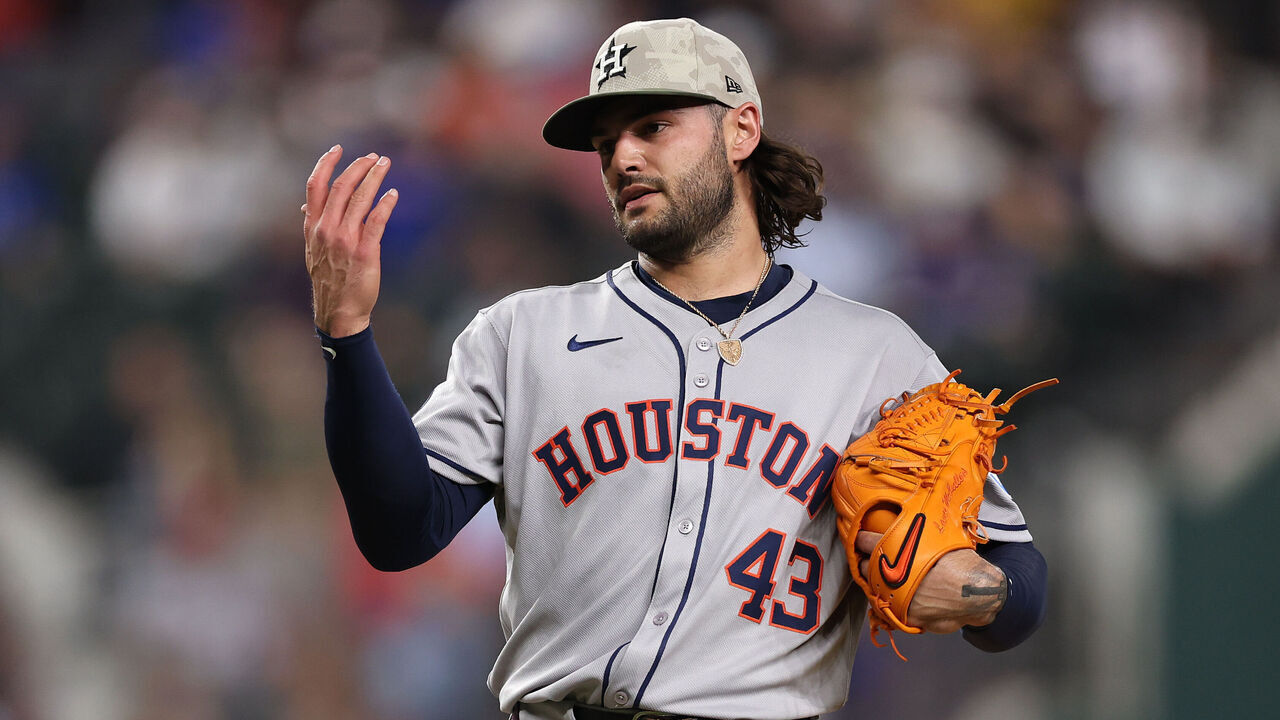 ARLINGTON, TEXAS - MAY 16: Lance McCullers Jr. #43 of the Houston Astros reacts after giving up a hit during the second inning against the Texas Rangers at Globe Life Field on May 16, 2025 in Arlington, Texas.