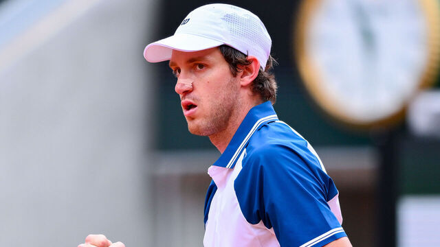 PARIS, FRANCE - MAY 26: Nicolas Jarry of Chile celebrates a point against Arthur Fils of France during the Men's Singles First Round match on Day Two of the 2025 French Open at Roland Garros on May 26, 2025 in Paris, France.
