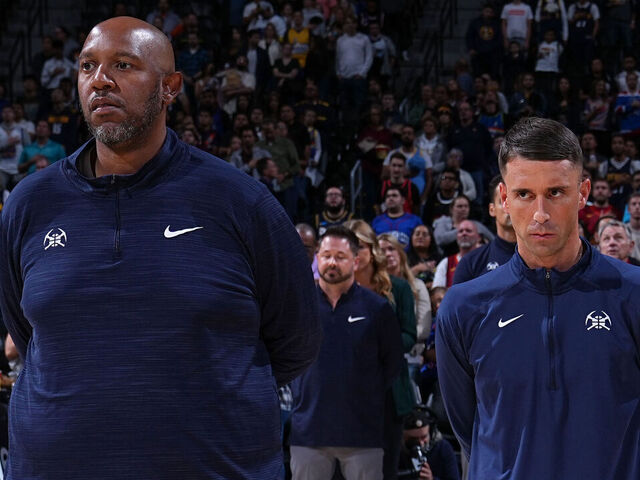 DENVER, CO - OCTOBER 10: Assistant Coaches Popeye Jones, Ryan Saunders, David Adelman, and Head Coach Michael Malone of the Denver Nuggets stand for the National Anthem before a preseason game against the Phoenix Suns on October 10, 2022 at the Ball Arena in Denver, Colorado. NOTE TO USER: User expressly acknowledges and agrees that, by downloading and/or using this Photograph, user is consenting to the terms and conditions of the Getty Images License Agreement. Mandatory Copyright Notice: Copyright 2022 NBAE