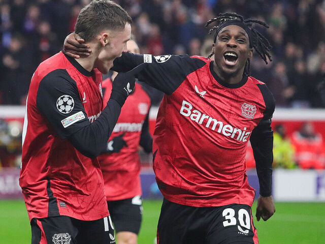 LEVERKUSEN, GERMANY - JANUARY 29: (Lr) Florian Wirtz of Bayer Leverkusen celebrates after scoring the first goal with Jeremie Frimpong of Bayer Leverkusen during the UEFA Champions League 2024/25 League Phase MD8 match between Bayer 04 Leverkusen and AC Sparta Praha at BayArena on January 29, 2025 in Leverkusen, Germany.