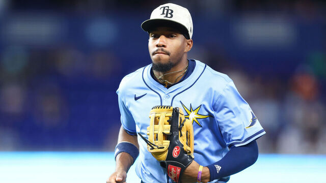 MIAMI, FLORIDA - MAY 16: Chandler Simpson #14 of the Tampa Bay Rays looks on against the Miami Marlins in the eighth inning of the game at loanDepot park on May 16, 2025 in Miami, Florida.