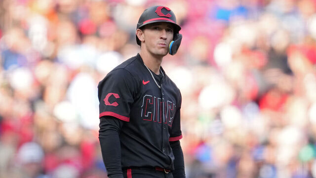 CINCINNATI, OHIO - MAY 23: Austin Hays #12 of the Cincinnati Reds looks on during a baseball game against the Chicago Cubs at Great American Ball Park on May 23, 2025 in Cincinnati, Ohio.