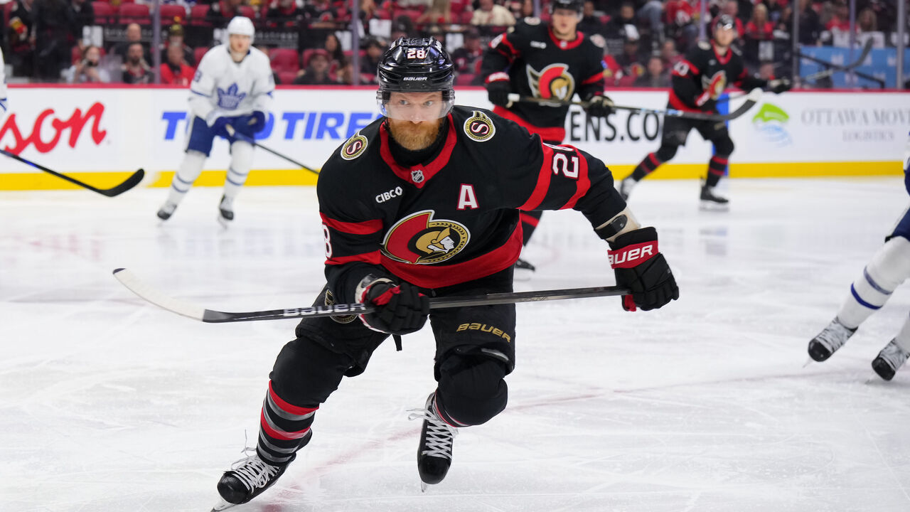 OTTAWA, CANADA - MAY 1: Claude Giroux #28 of the Ottawa Senators skates against the Toronto Maple Leafs in Game Six of the First Round of the 2025 Stanley Cup Playoffs at Canadian Tire Centre on May 1, 2025 in Ottawa, Ontario, Canada.