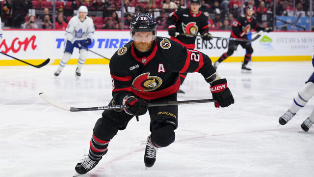 OTTAWA, CANADA - MAY 1: Claude Giroux #28 of the Ottawa Senators skates against the Toronto Maple Leafs in Game Six of the First Round of the 2025 Stanley Cup Playoffs at Canadian Tire Centre on May 1, 2025 in Ottawa, Ontario, Canada.