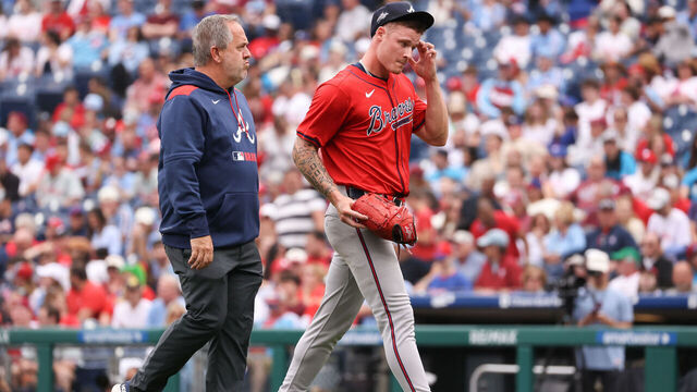 PHILADELPHIA, PA - MAY 29: AJ Smith-Shawver #32 of the Atlanta Braves leaves the mound in the third inning during the game between the Atlanta Braves and the Philadelphia Phillies at Citizens Bank Park on Thursday, May 29, 2025 in Philadelphia, Pennsylvania.