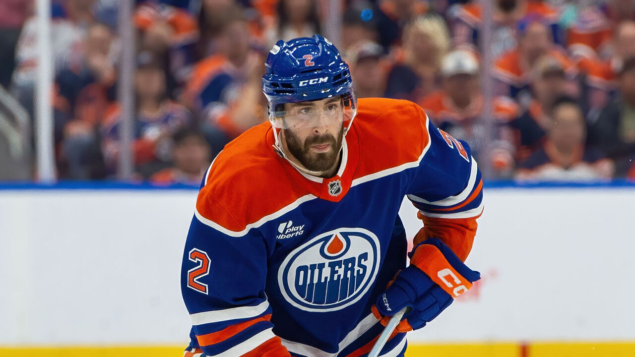 EDMONTON, CANADA - MAY 27: Evan Bouchard #2 of the Edmonton Oilers in action during Game Four of the Western Conference Finals of the 2025 Stanley Cup Playoffs against the Dallas Stars at Rogers Place on May 27, 2025, in Edmonton, Alberta, Canada.
