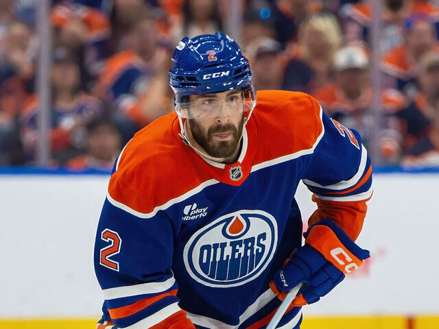 EDMONTON, CANADA - MAY 27: Evan Bouchard #2 of the Edmonton Oilers in action during Game Four of the Western Conference Finals of the 2025 Stanley Cup Playoffs against the Dallas Stars at Rogers Place on May 27, 2025, in Edmonton, Alberta, Canada.