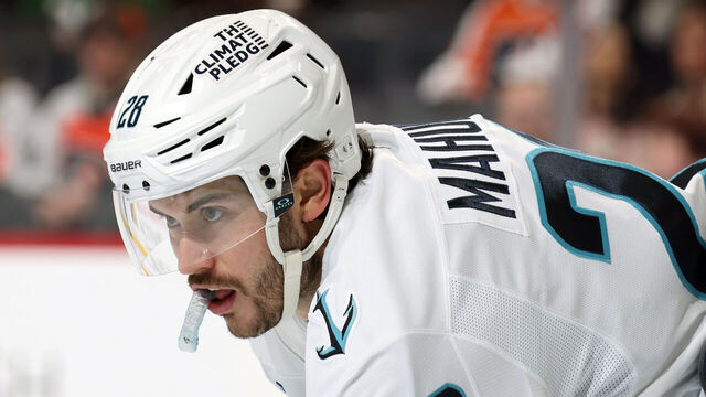 PHILADELPHIA, PENNSYLVANIA - MARCH 08: Josh Mahura #28 of the Seattle Kraken looks on against the Philadelphia Flyers at the Wells Fargo Center on March 8, 2025 in Philadelphia, Pennsylvania.