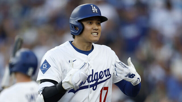 LOS ANGELES, CALIFORNIA - MAY 30: Shohei Ohtani #17 of the Los Angeles Dodgers reacts after a solo home run during the first inning against the New York Yankees at Dodger Stadium on May 30, 2025 in Los Angeles, California.