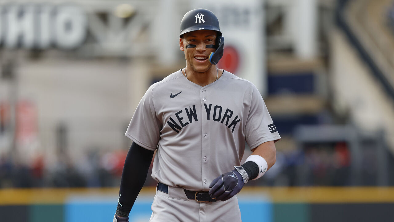 CLEVELAND, OHIO - APRIL 21: Aaron Judge #99 of the New York Yankees smiles in the first inning during a game against the Cleveland Guardians at Progressive Field on April 21, 2025 in Cleveland, Ohio.