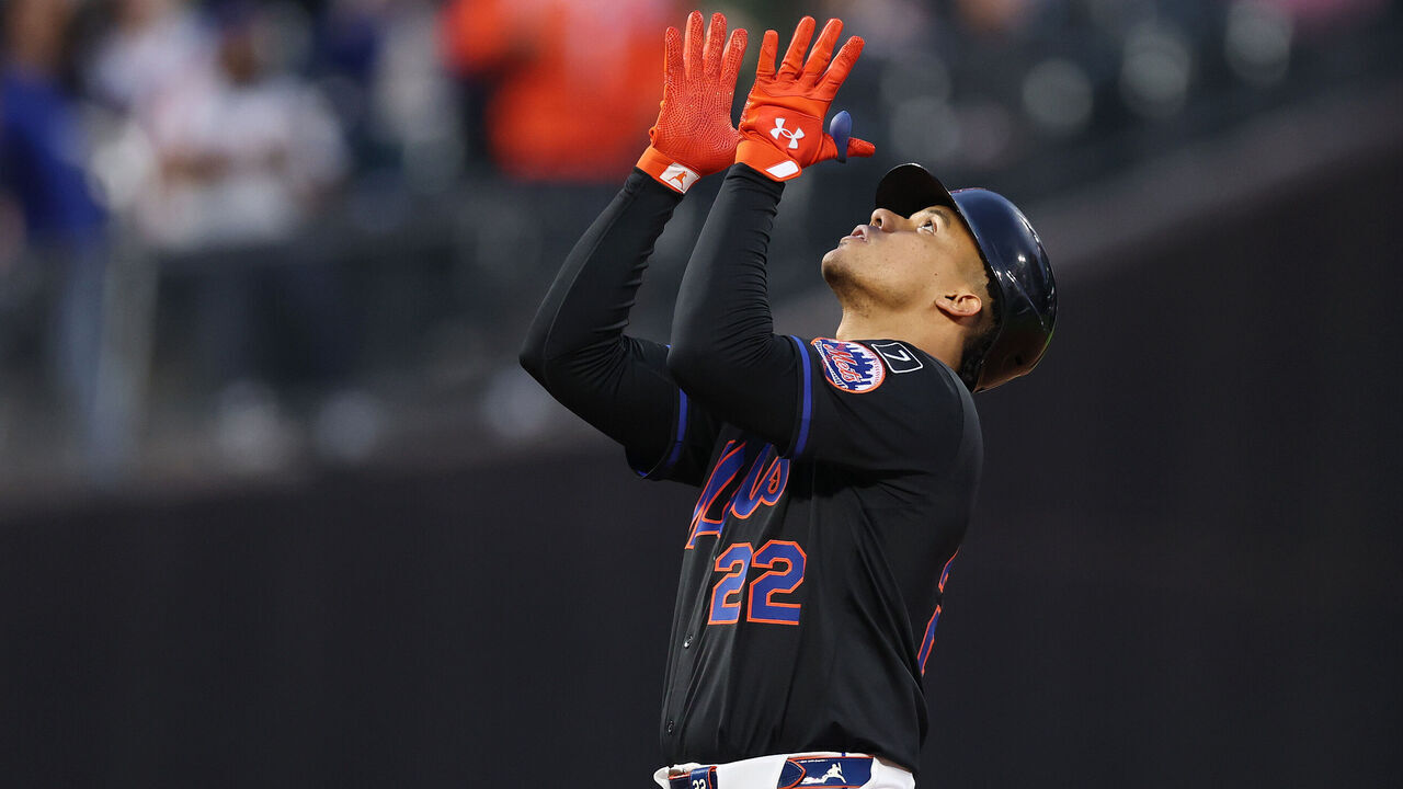 NEW YORK, NEW YORK - MAY 30: Juan Soto #22 of the New York Mets celebrates after hitting a double and driving in a run against the Colorado Rockies in the third inning against the Colorado Rockies during their game at Citi Field on May 30, 2025 in New York City.