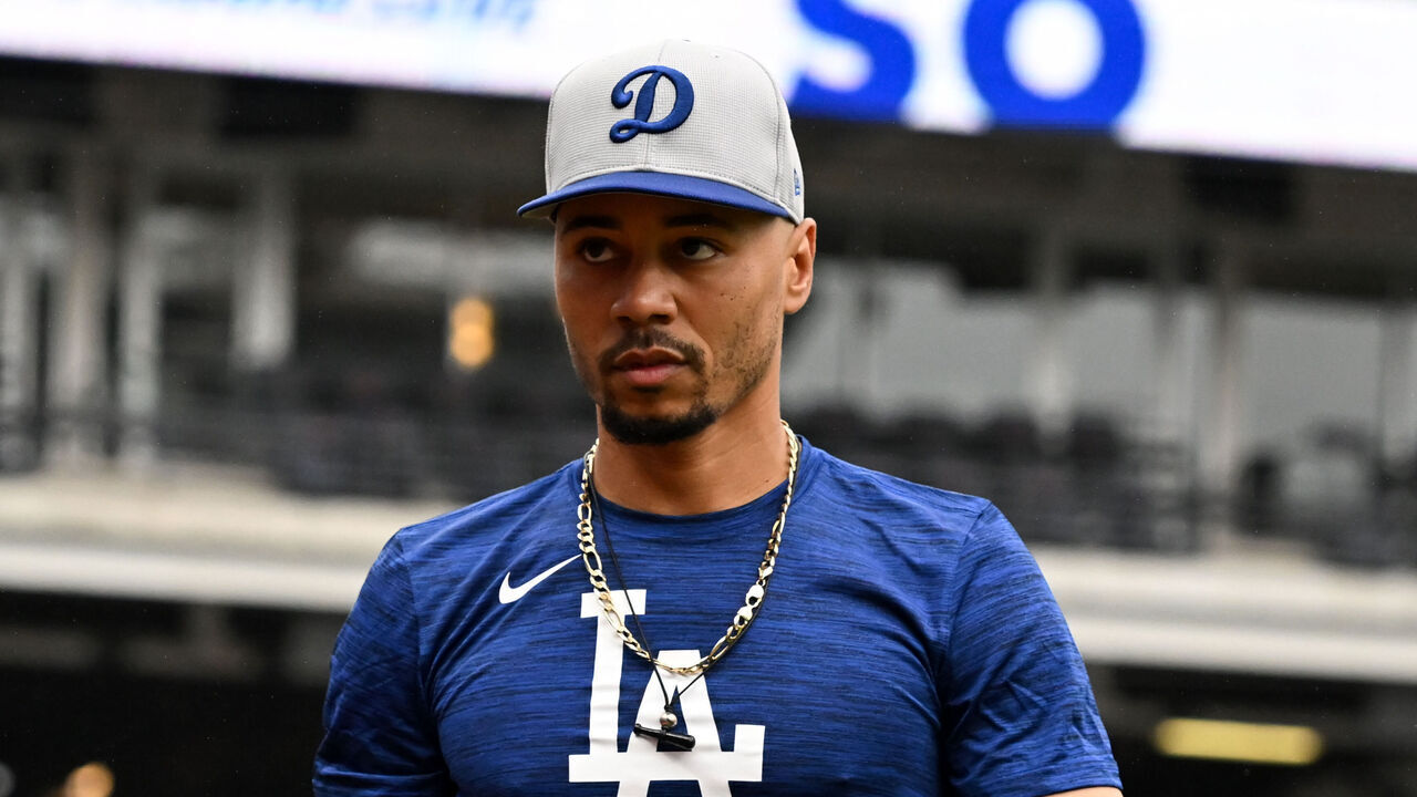 CLEVELAND, OHIO - MAY 28: Mookie Betts #50 of the Los Angeles Dodgers looks on prior to a game against the Cleveland Guardians at Progressive Field on May 28, 2025 in Cleveland, Ohio.