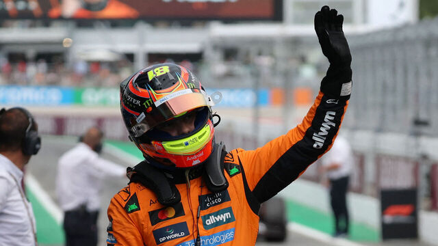 McLaren's Australian driver Oscar Piastri celebrates pole position after the qualification session at the Circuit de Catalunya in Montmelo, on the outskirts of Barcelona, on May 31, 2025 during the Spanish Formula One Grand Prix.