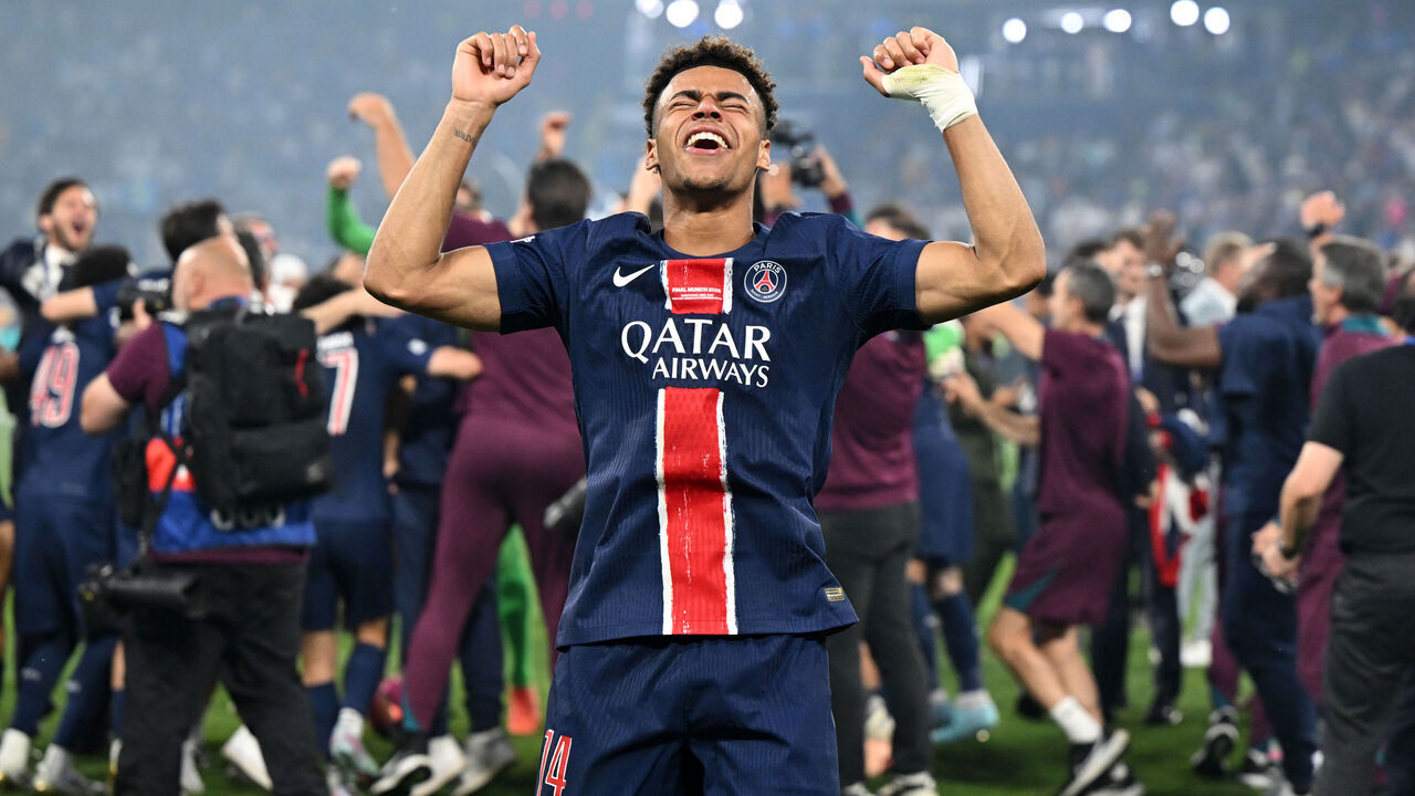 31 May 2025, Bavaria, Munich: Soccer: Champions League, Paris Saint-Germain - Inter Milan, knockout round, final, Munich Football Arena. Desire Doue of Paris celebrates the 5:0 victory. Photo: Sven Hoppe/dpa