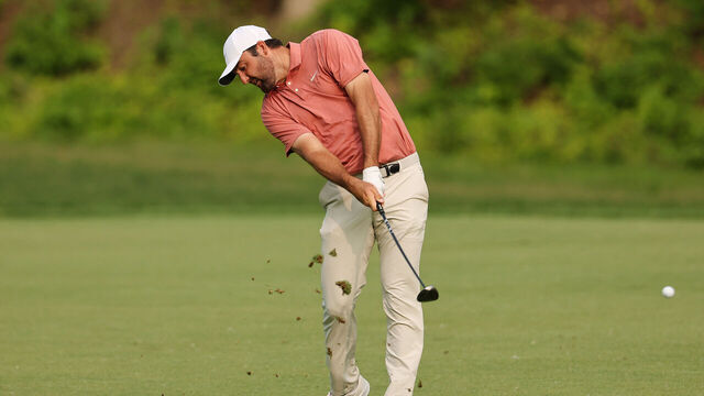 DUBLIN, OHIO - MAY 31: Scottie Scheffler of the United States plays a shot on the 15th hole during the third round of the Memorial Tournament presented by Workday 2025 at Muirfield Village Golf Club on May 31, 2025 in Dublin, Ohio.