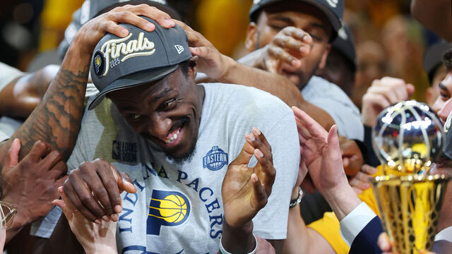 INDIANAPOLIS, INDIANA - MAY 31: Pascal Siakam #43 of the Indiana Pacers celebrates the 125-108 win against the New York Knicks in Game Six of the Eastern Conference Finals of the 2025 NBA Playoffs at Gainbridge Fieldhouse on May 31, 2025 in Indianapolis, Indiana.