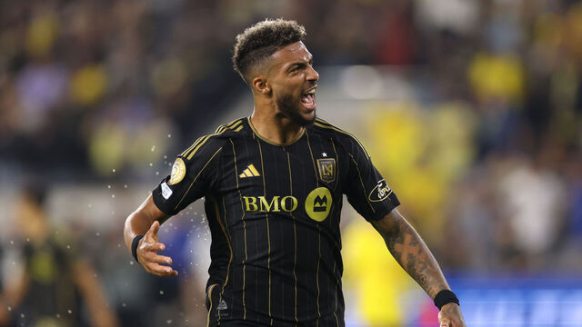 LOS ANGELES, CALIFORNIA - MAY 31: Denis Bouanga #99 of Los Angeles FC reacts during the FIFA Club World Cup 2025 Play-In match between Los Angeles Football Club and Club America at BMO Stadium on May 31, 2025 in Los Angeles, California.