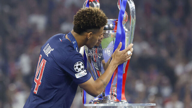 MUNICH, GERMANY - MAY 31: Desire Doue of PSG celebrates during the trophy ceremony following the UEFA Champions League Final 2025 between Paris Saint-Germain (PSG) and FC Internazionale Milano (Inter Milan) at Allianz Arena on May 31, 2025 in Munich, Germany.