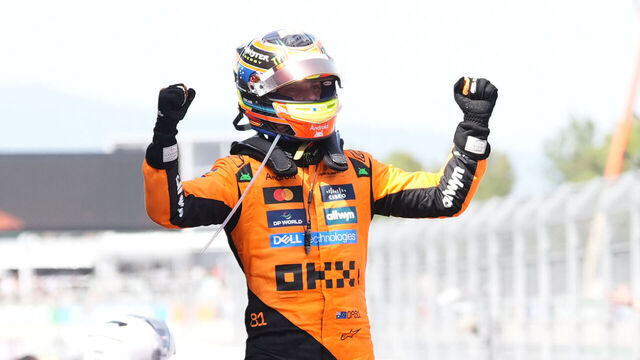 McLaren's Oscar Piastri celebrates finishing first in the race at the Circuit de Barcelona-Catalunya, Spain. Picture date: Sunday June 1, 2025.