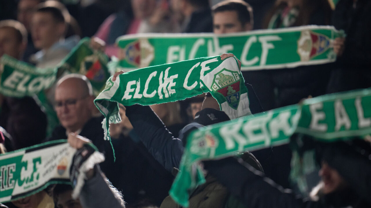 ELCHE, SPAIN - FEBRUARY 24: Elche supporters are seen during the LaLiga Santander match between Elche CF and Real Betis at Estadio Manuel Martinez Valero on February 24, 2023 in Elche, Spain.