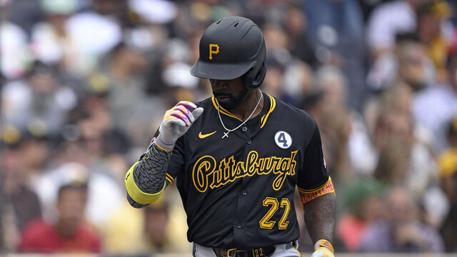 SAN DIEGO, CALIFORNIA - JUNE 01: Andrew McCutchen #22 of the Pittsburgh Pirates celebrates after hitting a two-run home run against the San Diego Padres during the third inning at Petco Park on June 01, 2025 in San Diego, California.