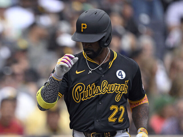 SAN DIEGO, CALIFORNIA - JUNE 01: Andrew McCutchen #22 of the Pittsburgh Pirates celebrates after hitting a two-run home run against the San Diego Padres during the third inning at Petco Park on June 01, 2025 in San Diego, California.