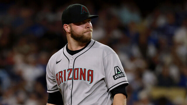 LOS ANGELES, CALIFORNIA - MAY 21: Corbin Burnes #39 of the Arizona Diamondbacks looks on during the sixth inning against the Los Angeles Dodgers at Dodger Stadium on May 21, 2025 in Los Angeles, California.