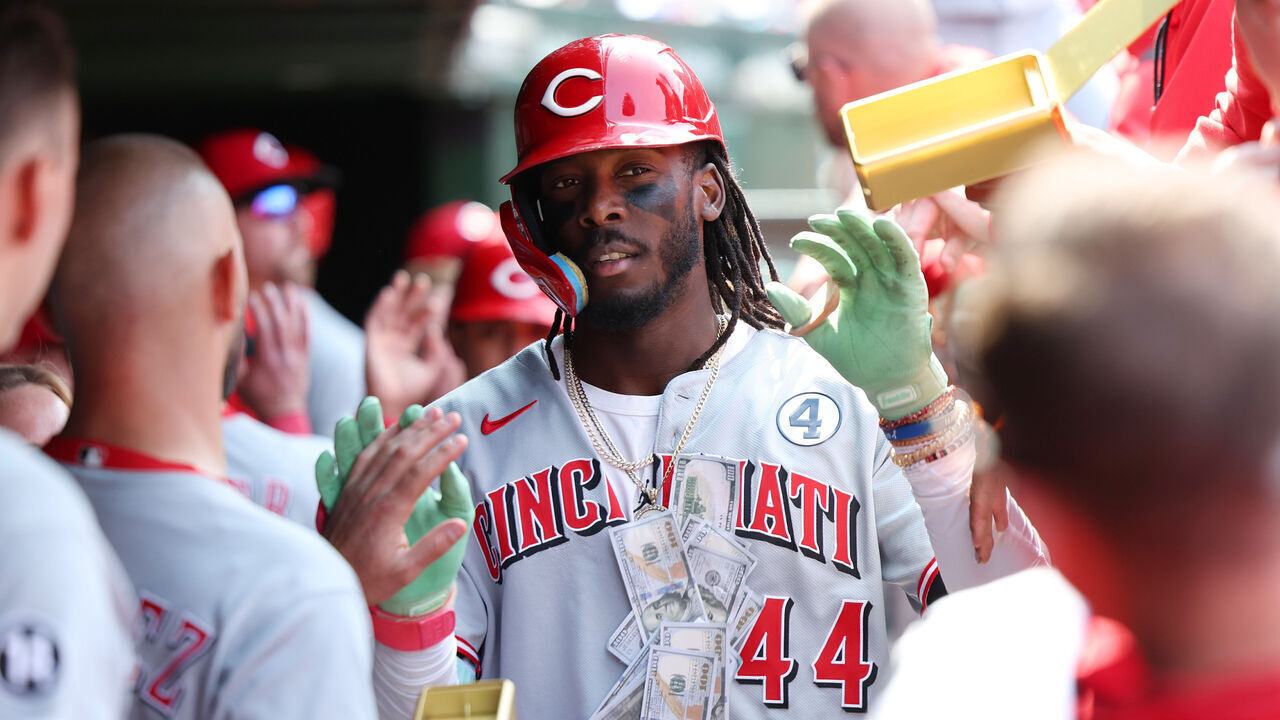 CHICAGO, ILLINOIS - JUNE 1: Elly De La Cruz #44 of the Cincinnati Reds celebrates hitting a home run during the sixth inning against the Chicago Cubs at Wrigley Field on June 1, 2025 in Chicago, Illinois.