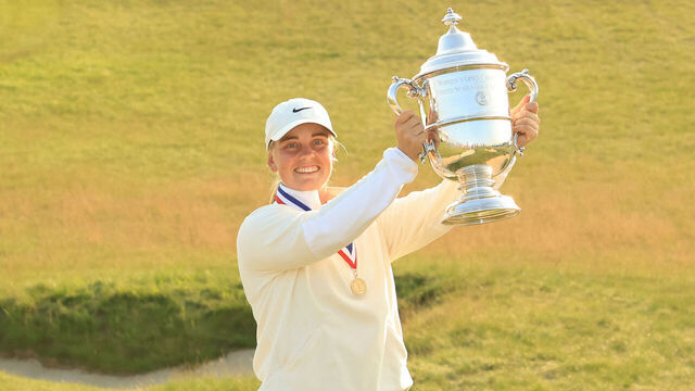 ERIN, WISCONSIN - JUNE 01: Maja Stark of Sweden poses with the Harton S. Semple Trophy after winning the final round of the U.S. Women's Open presented by Ally 2025 at Erin Hills Golf Course on June 01, 2025 in Erin, Wisconsin.