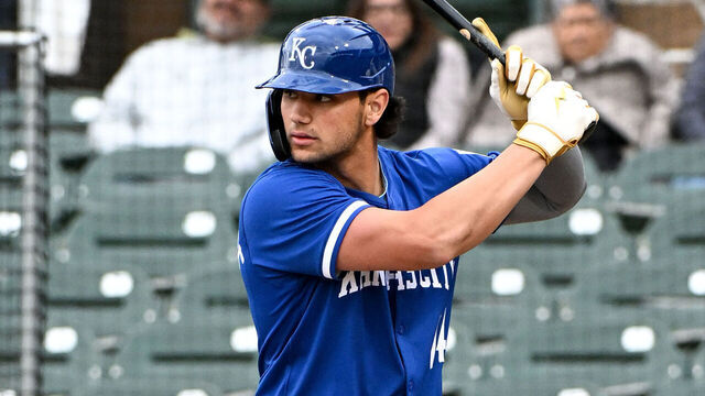 SCOTTSDALE, ARIZONA - MARCH 14, 2025: Jac Caglianone #14 of the Kansas City Royals bats during the first inning of a spring training Spring Breakout game against the Arizona Diamondbacks at Salt River Fields at Talking Stick on March 14, 2025 in Scottsdale, Arizona.