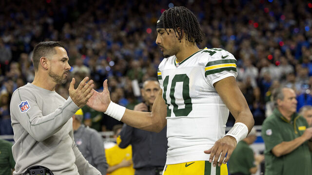 DETROIT, MICHIGAN - DECEMBER 5: Green Bay Packers head coach Matt LaFleur and Jordan Love #10 high five before the game against the Detroit Lions at Ford Field on December 5, 2024 in Detroit, Michigan. The Lions beat the Packers 34-31.