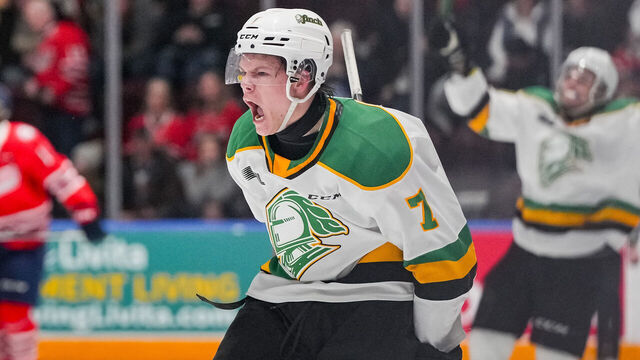 OSHAWA, CANADA - FEBRUARY 11: Easton Cowan #7 of the London Knights celebrates his overtime game winning goal against the Oshawa Generals at Tribute Communities Centre on February 11, 2024 in Oshawa, Ontario, Canada.