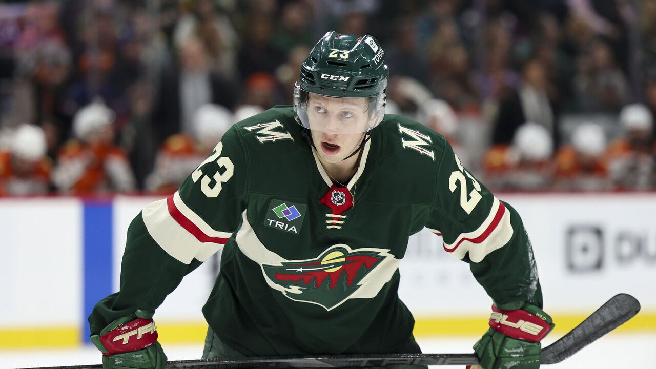 ST PAUL, MINNESOTA - APRIL 15: Marco Rossi #23 of the Minnesota Wild prepares for a faceoff against the Anaheim Ducks in the first period of a game at Xcel Energy Center on April 15, 2025 in St Paul, Minnesota.