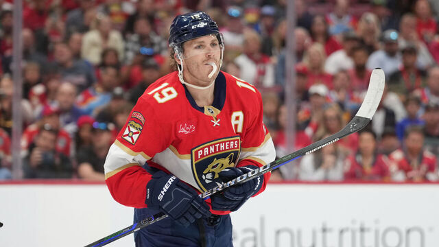 SUNRISE, FL - APRIL 26: Florida Panthers left wing Matthew Tkachuk (19) skates tot the bench in the second period during the Stanley Cup Playoffs First Round game between the Tampa Bay Lightning and the Florida Panthers on Saturday, April 26, 2025 at Amerant Bank Arena in Sunrise, FL.