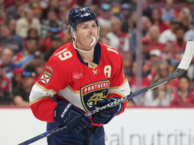 SUNRISE, FL - APRIL 26: Florida Panthers left wing Matthew Tkachuk (19) skates tot the bench in the second period during the Stanley Cup Playoffs First Round game between the Tampa Bay Lightning and the Florida Panthers on Saturday, April 26, 2025 at Amerant Bank Arena in Sunrise, FL.